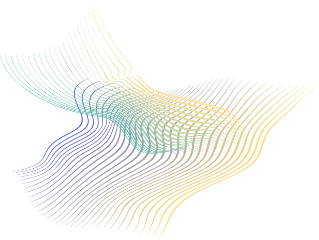 Mehrschichtige, geschwungene Linien in Grün-, Gelb- und Rosatönen überlagern sich zu einer abstrakten, räumlichen Form. Multilayered, curving lines in shades of green, yellow, and pink overlap to form an abstract, spatial shape.