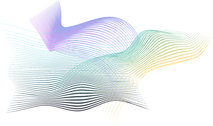 Dicht angeordnete, farbige Linien erzeugen eine komplexe, wellenförmige Struktur mit räumlicher Tiefe. Closely spaced, colored lines create a complex, wave-like structure with spatial depth.